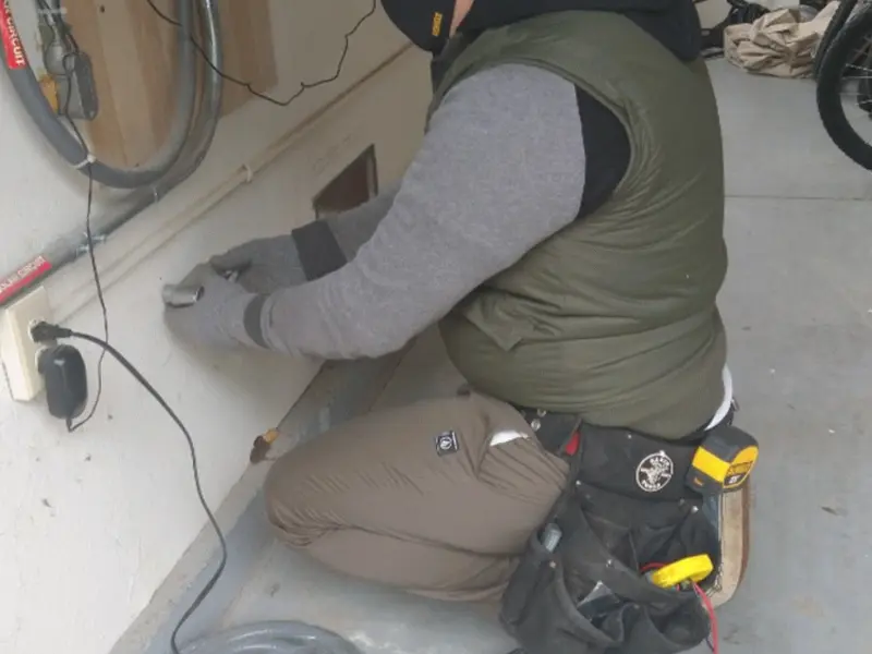Electrician performing outlet wiring in a Uwchlan garage